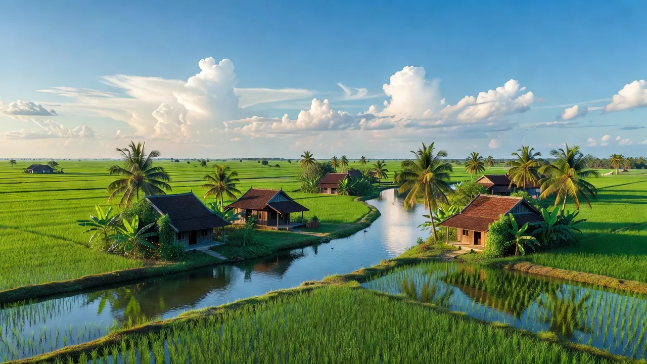 Cảnh quan Xã Trường Long, Huyện Phong Điền, Cần Thơ với cánh đồng xanh và nhà truyền thống.