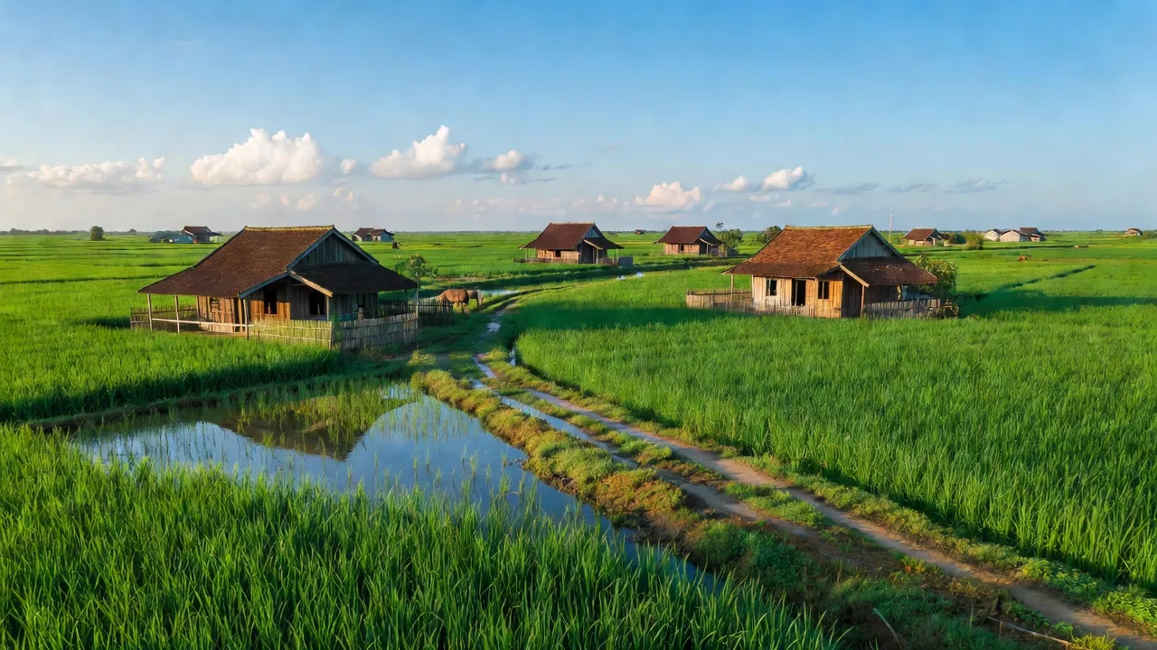 Khung cảnh yên bình xã Trường Long, huyện Phong Điền, thành phố Cần Thơ với cánh đồng xanh.