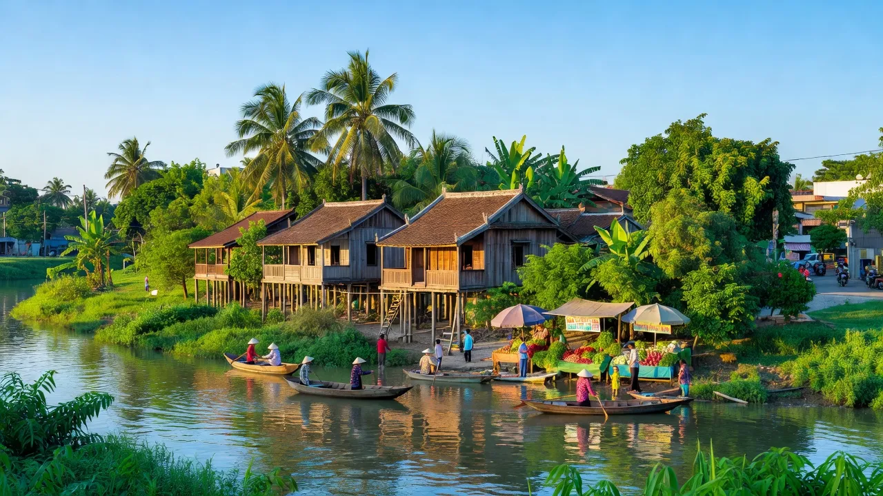 Quận Bình Thủy, Cần Thơ with Hậu River, local houses, and people enjoying urban life.