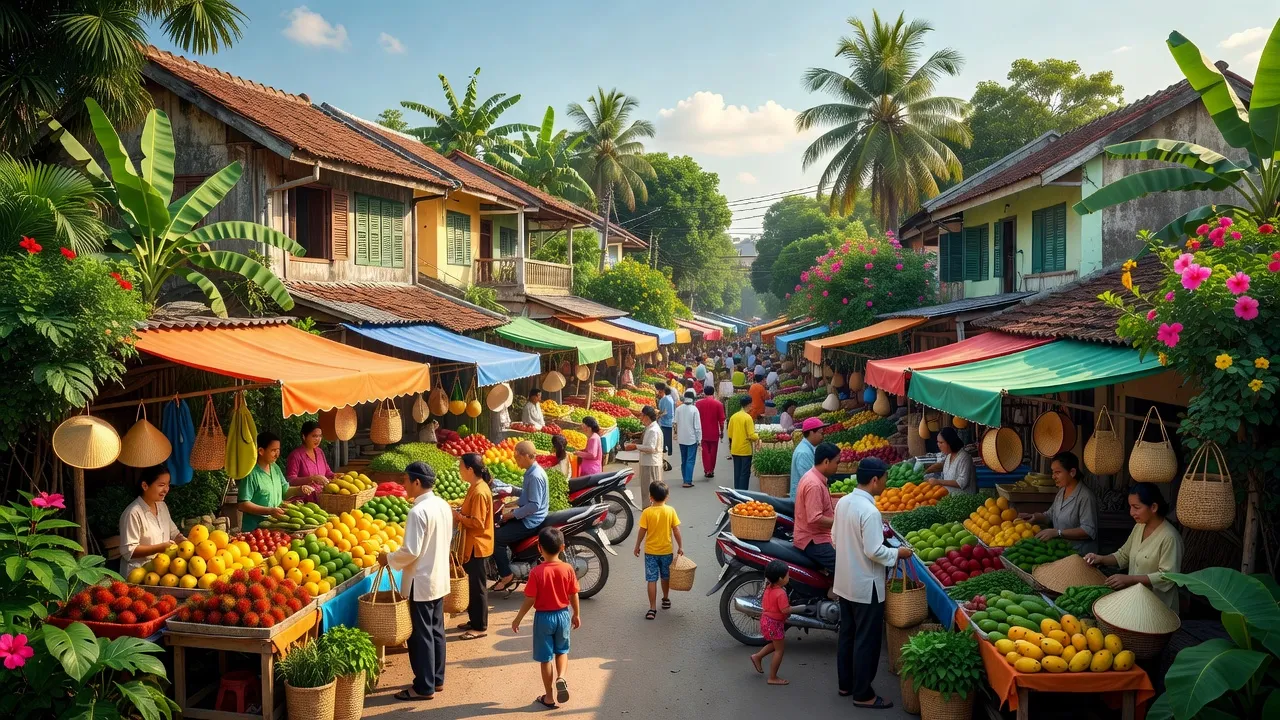 Khu dân cư và chợ truyền thống tại Phường Bình Thủy, Quận Bình Thuỷ, Cần Thơ với người dân và nhà cửa.
