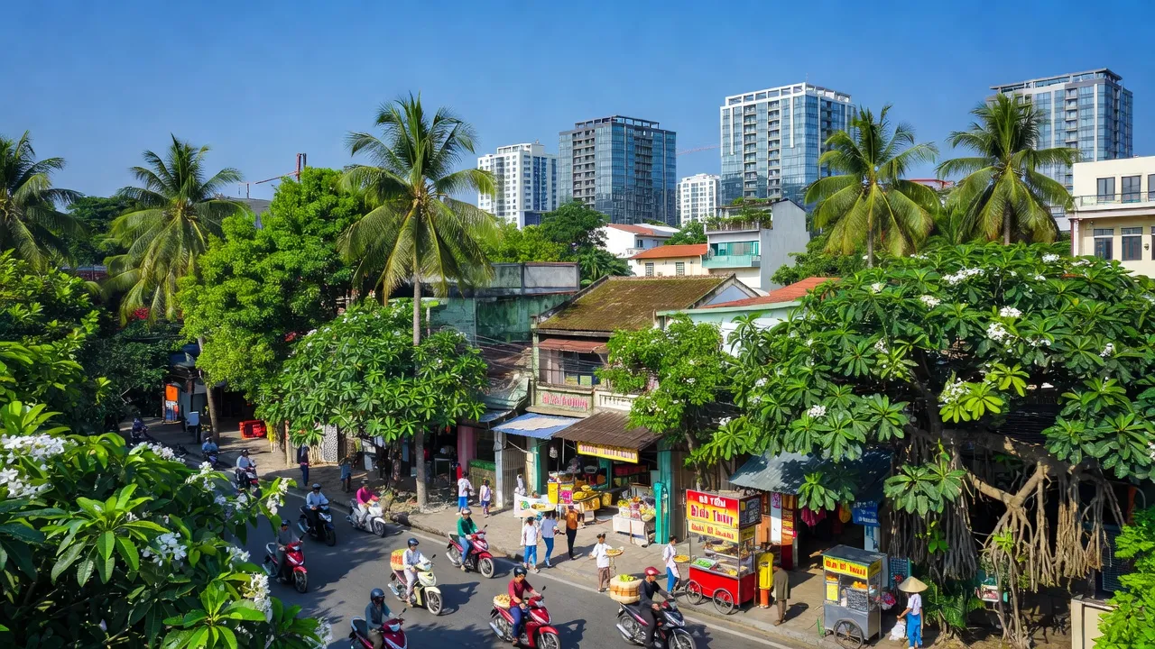 Khung cảnh phường Bình Thủy, Quận Bình Thủy, Cần Thơ với xanh cây, đường phố nhộn nhịp.