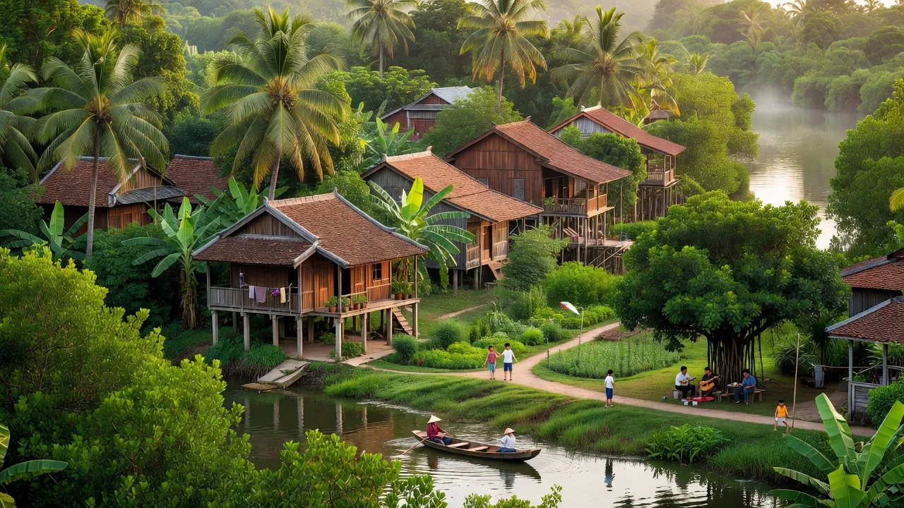 Khung cảnh thanh bình của Phường Long Tuyền, Quận Bình Thuỷ, Thành phố Cần Thơ với cây xanh và nhà cửa truyền thống.