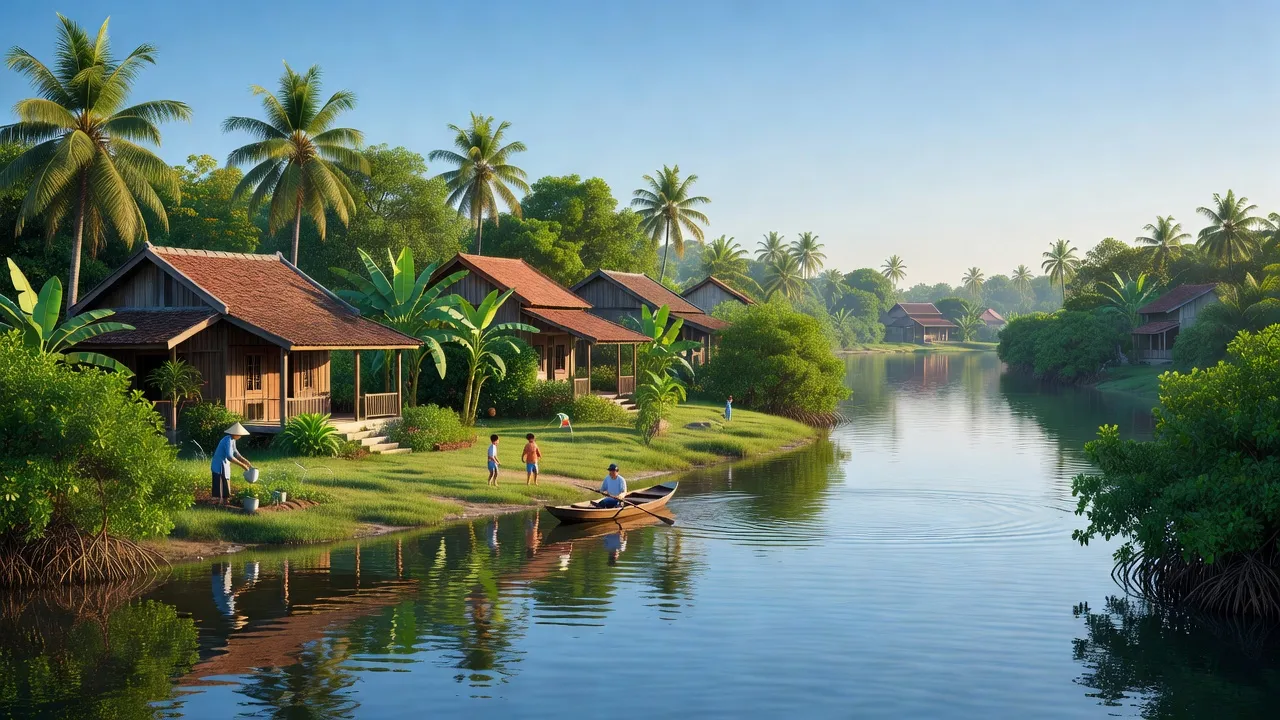 Phong cảnh thanh bình ở Phường Long Tuyền, Cần Thơ với sông uốn lượn và nhà truyền thống.