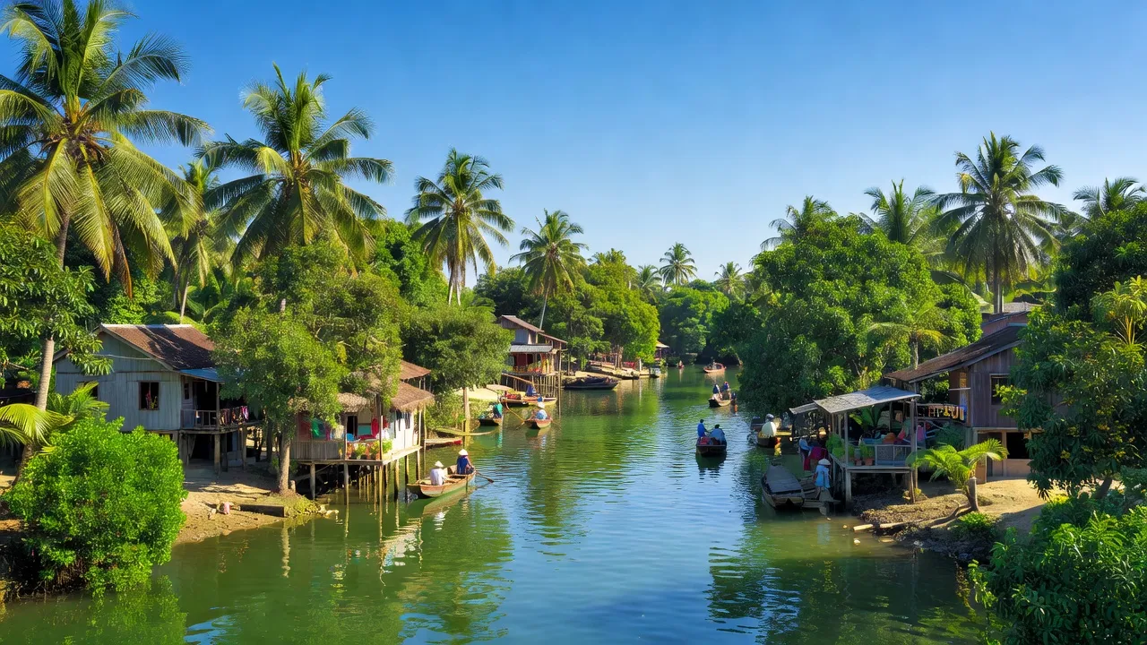 Cảnh quang Phường Trà An, Quận Bình Thủy, Cần Thơ với kênh xanh và bầu trời trong xanh.