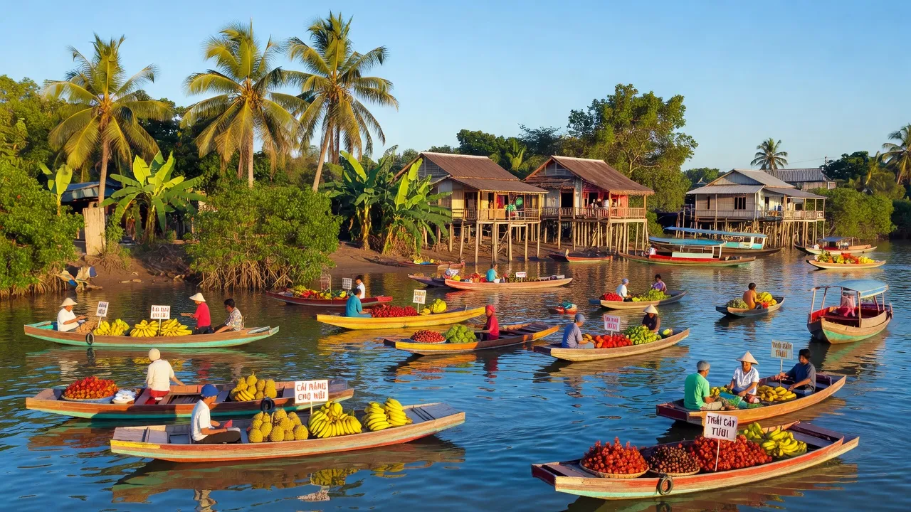 Khung cảnh quận Cái Răng, Cần Thơ với dòng sông, thuyền truyền thống và đời sống địa phương sôi động.