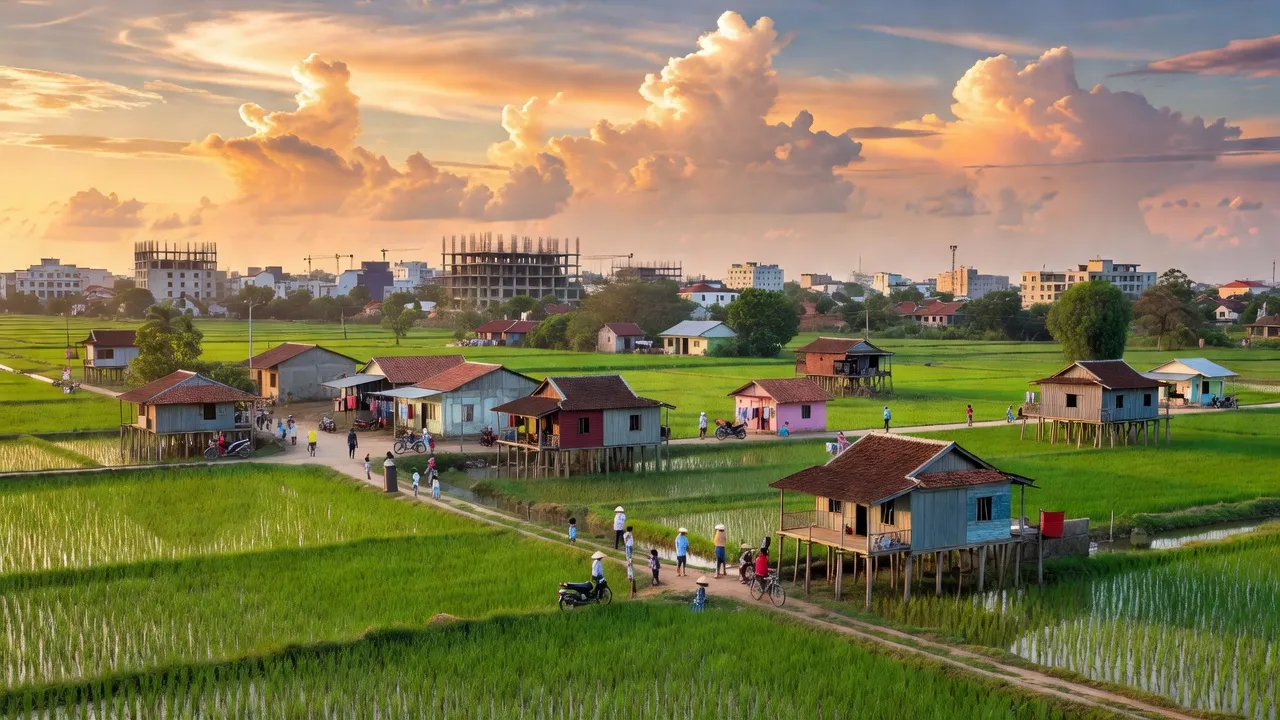 Cảnh quan tươi đẹp của Phường Ba Láng, Cần Thơ với nhà ở, đồng ruộng và bầu trời xanh.