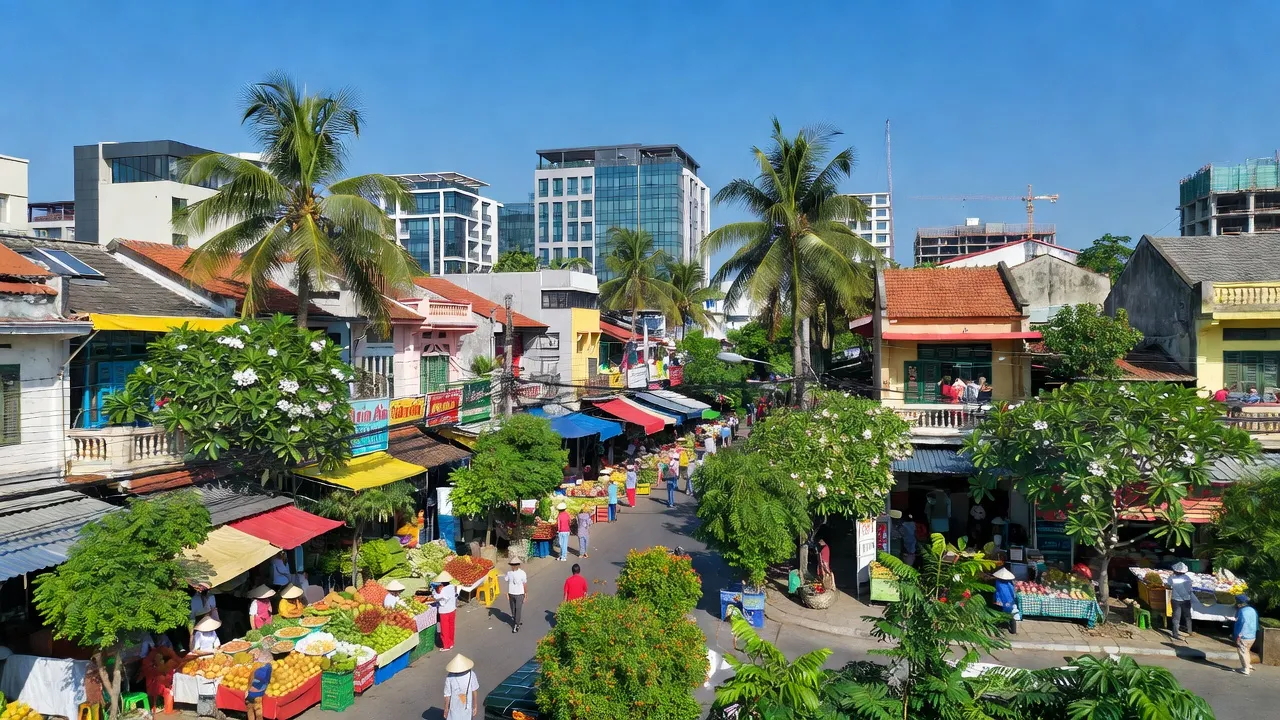 Cảnh đường phố sôi động ở Phường Tân Phú, Quận Cái Răng, Cần Thơ với kiến trúc hiện đại và cây xanh.