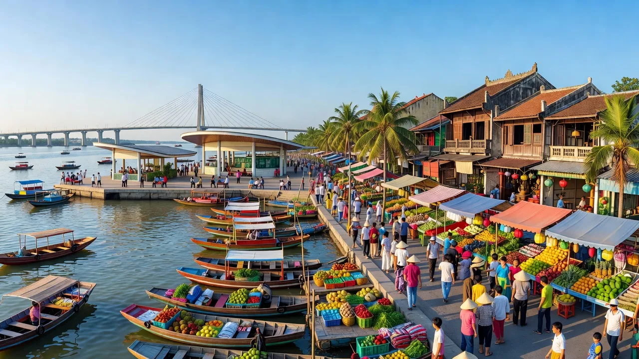 Quận Ninh Kiều, Cần Thơ với cảnh sông nước, chợ tấp nập và kiến trúc truyền thống.