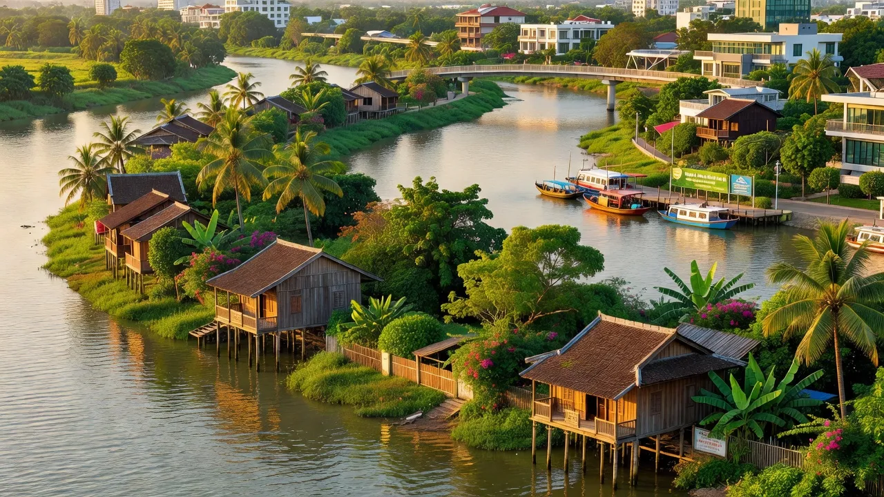 Khung cảnh xanh mát của phường An Bình, quận Ninh Kiều, Cần Thơ, với dòng sông và nhà truyền thống.