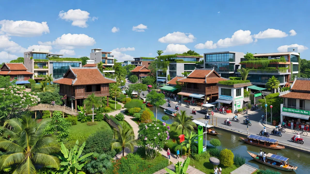 Một góc nhìn tuyệt đẹp của Phường An Bình, Quận Ninh Kiều với cây xanh và kiến trúc địa phương.