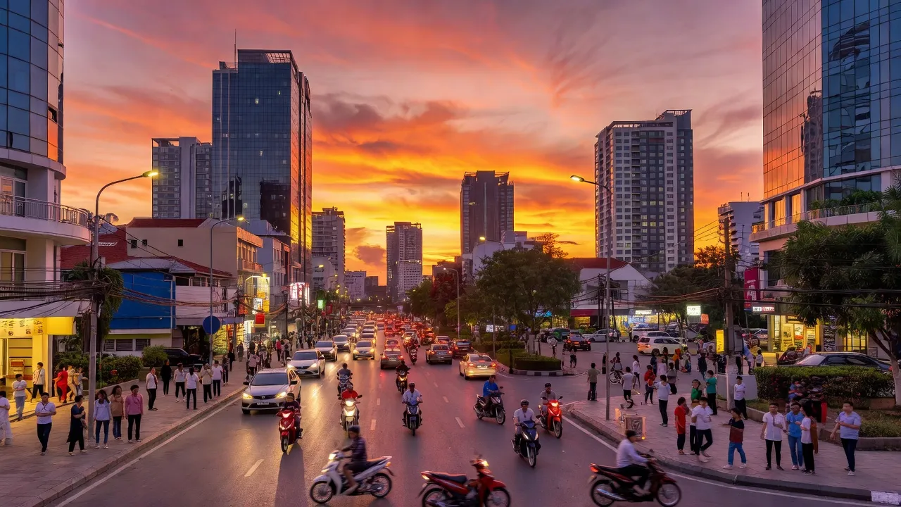 Khung cảnh Phường An Hòa, Quận Ninh Kiều, Cần Thơ với bầu trời hoàng hôn và nhịp sống đô thị sôi động.