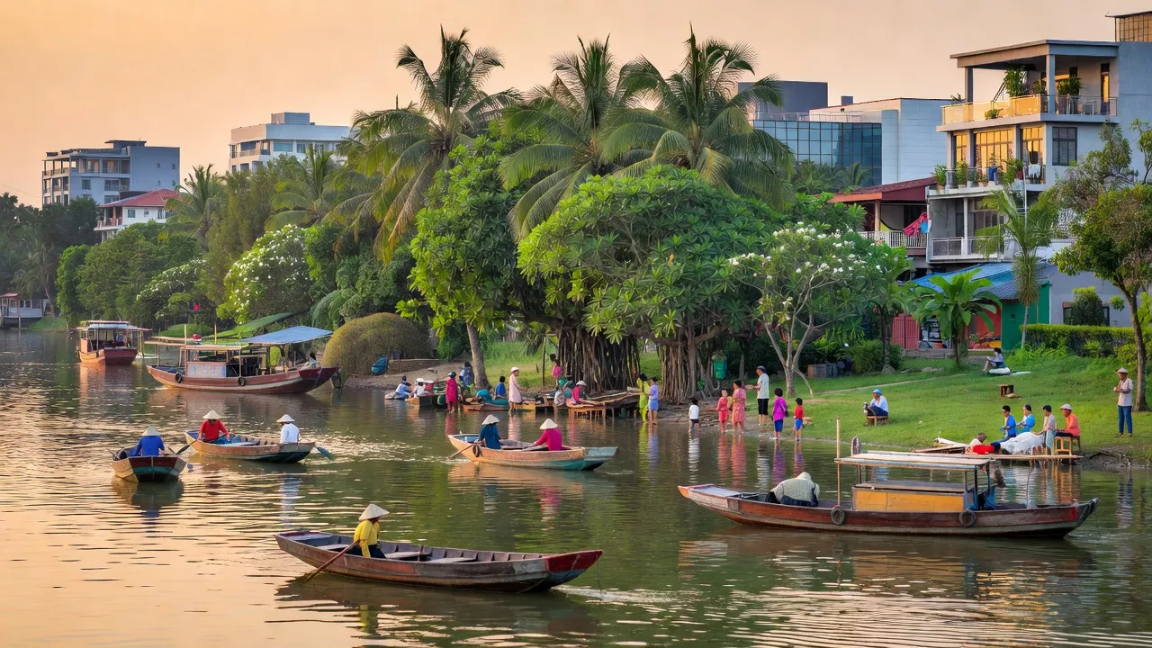 Khung cảnh yên bình bên sông Cái Khế, Quận Ninh Kiều, Cần Thơ với giao thông thủy sôi động.