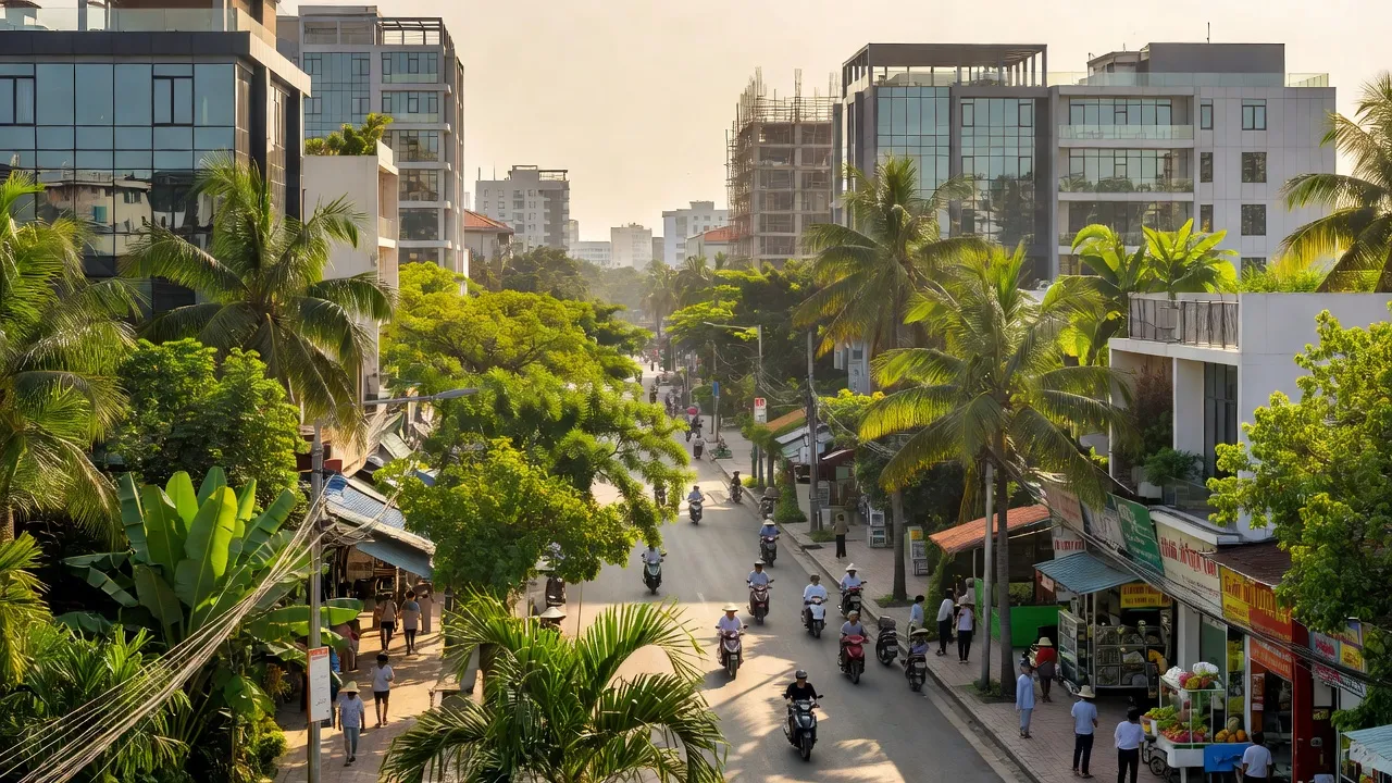 Khung cảnh Phường Thới Bình, Quận Ninh Kiều, Cần Thơ với hoạt động dân cư và kiến trúc hiện đại.