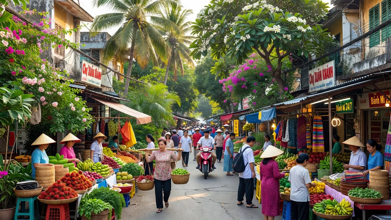 Phường Xuân Khánh, Quận Ninh Kiều, nhộn nhịp với khu chợ và cây xanh nhiệt đới.