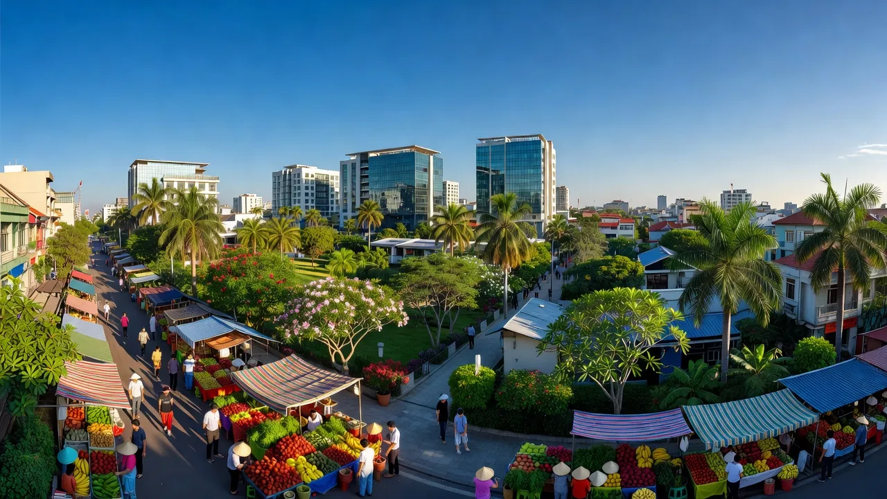 Quận Ô Môn, Cần Thơ với cảnh quan đô thị hiện đại và không gian xanh tươi tốt.