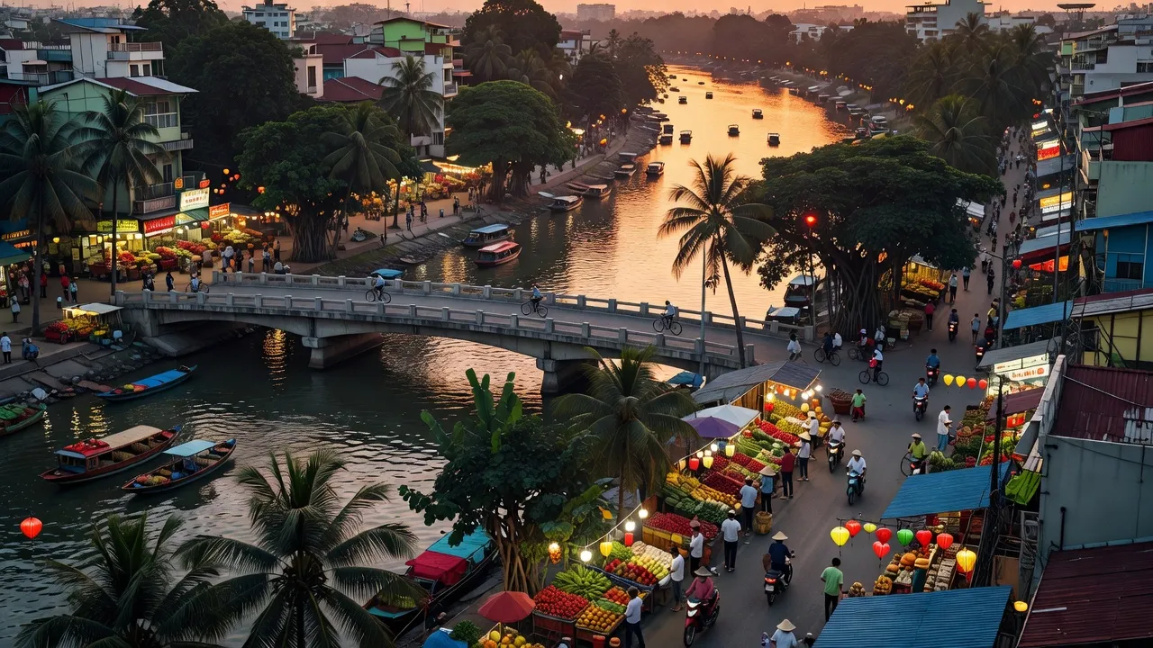 Quận Ô Môn, Cần Thơ với cảnh quan xanh tươi, các hoạt động giao thương sôi động, và cầu nối địa phương.