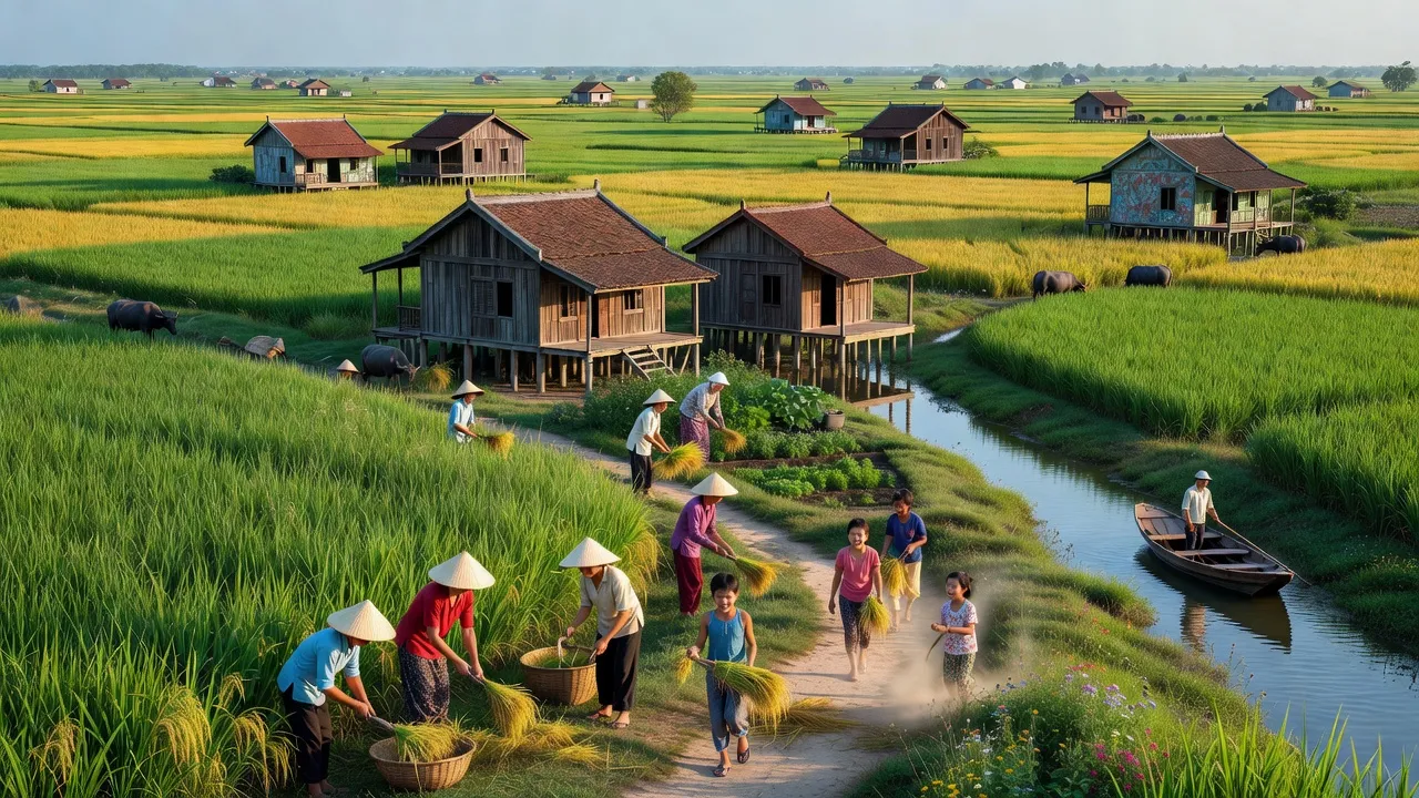 Khung cảnh Phường Phước Thới, Quận Ô Môn với nhà cửa truyền thống và cảnh đồng xanh.