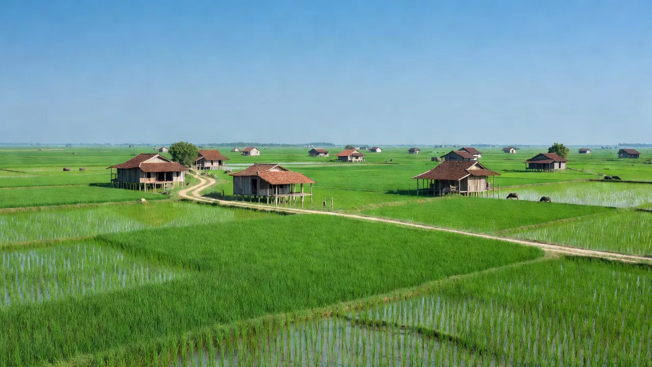 Cảnh đồng quê Thới An, Quận Ô Môn, Cần Thơ với cánh đồng xanh và nhà truyền thống.