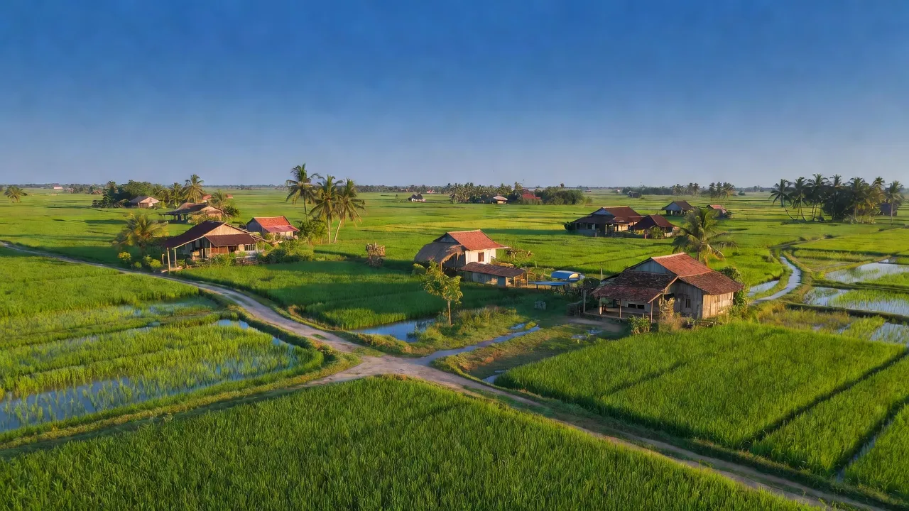 Cảnh quan tươi đẹp của Phường Thới Hòa, Quận Ô Môn, với cánh đồng và nhà cửa ven sông.