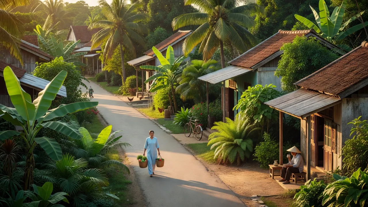 Khung cảnh bình yên ở Thới Hòa, Quận Ô Môn, Cần Thơ, với cây xanh và nhà truyền thống.