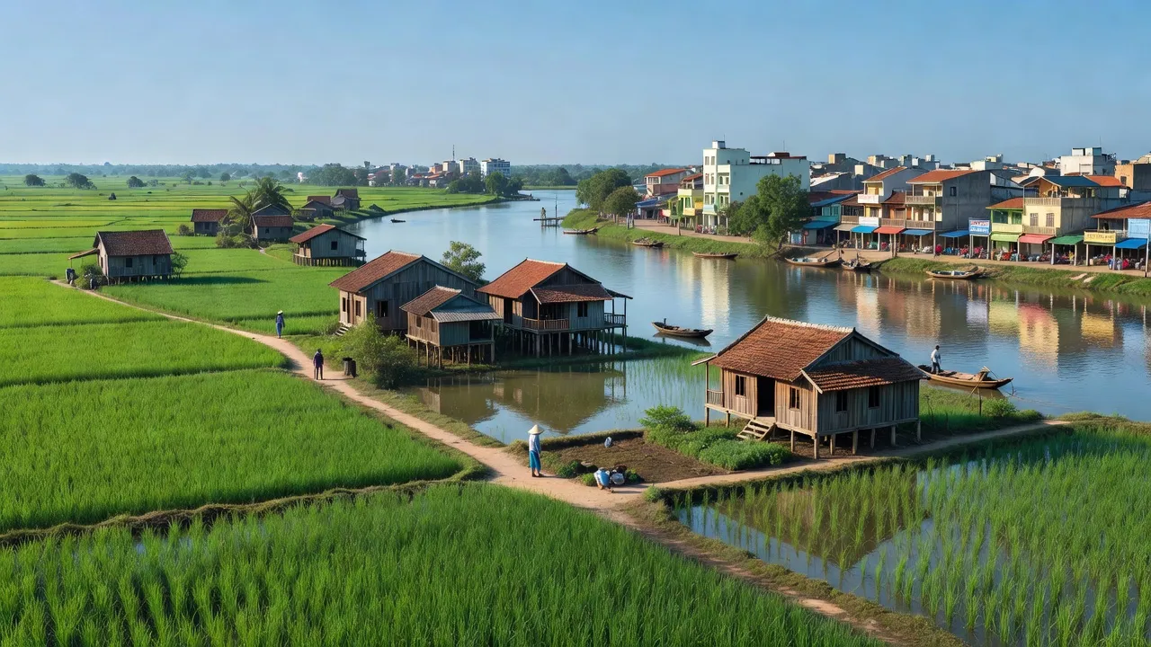 Cảnh quan Phường Thới Long, Ô Môn, Cần Thơ với cảnh đồng xanh, nhà truyền thống và dòng sông yên bình.