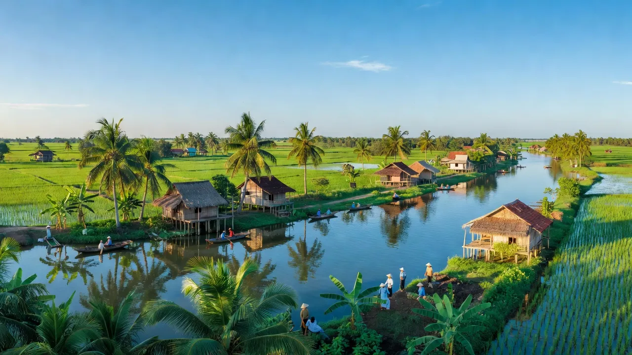 Quận Thốt Nốt, Cần Thơ with lush greenery and Hậu River, showcasing vibrant local life.