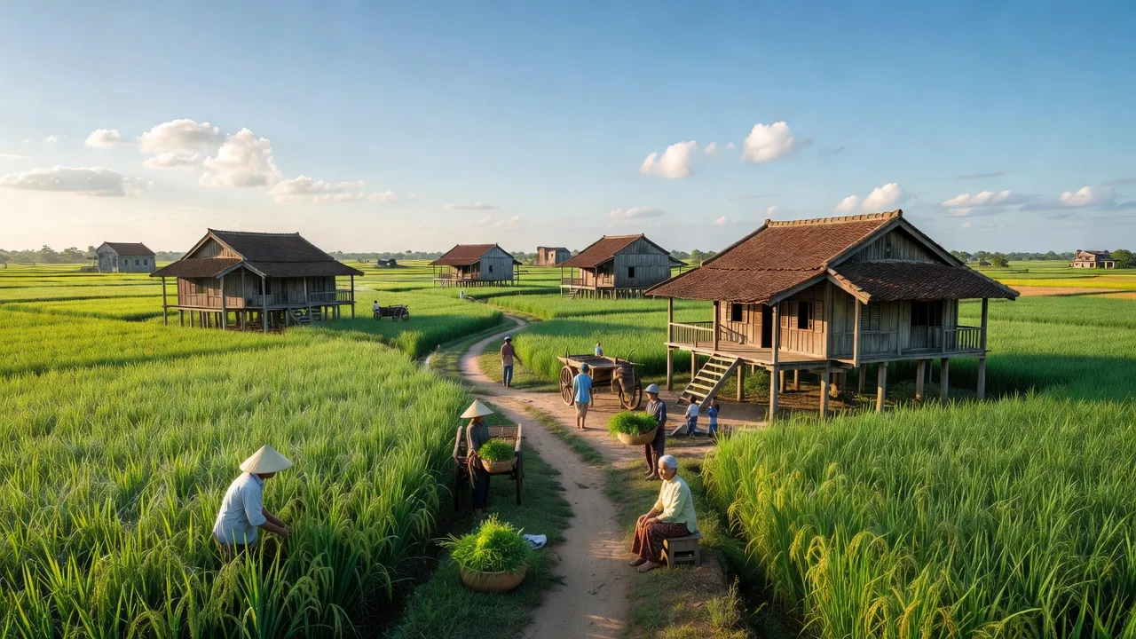 Khung cảnh yên bình tại Phường Tân Lộc, Thốt Nốt, với cánh đồng xanh tươi và nhà truyền thống.