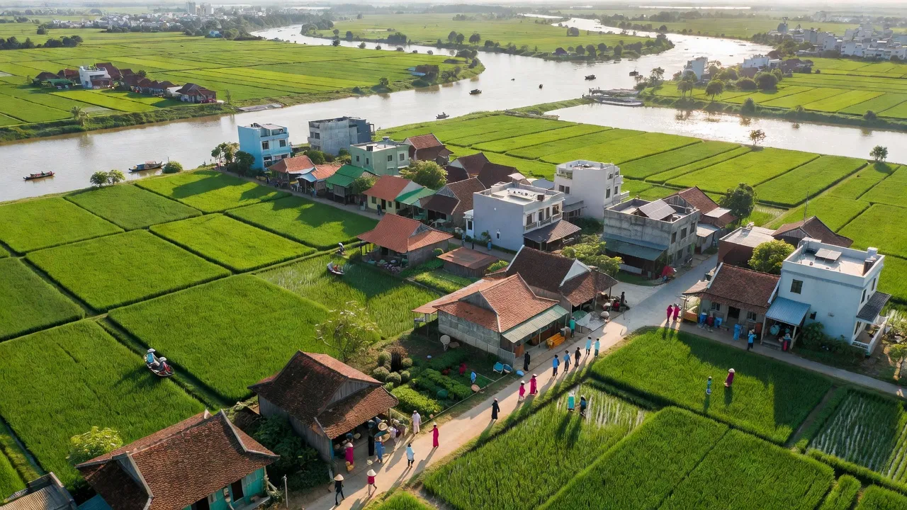 Toàn cảnh Phường Tân Lộc, Quận Thốt Nốt, với cánh đồng xanh, nhà truyền thống và dòng Mekong.