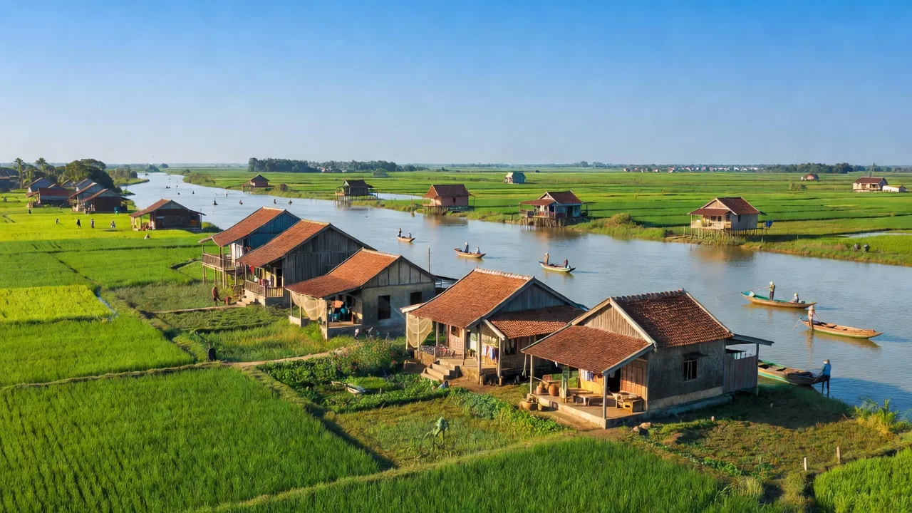 Khung cảnh Phường Thạnh Hoà, Quận Thốt Nốt, Cần Thơ với nhà truyền thống và cánh đồng xanh.