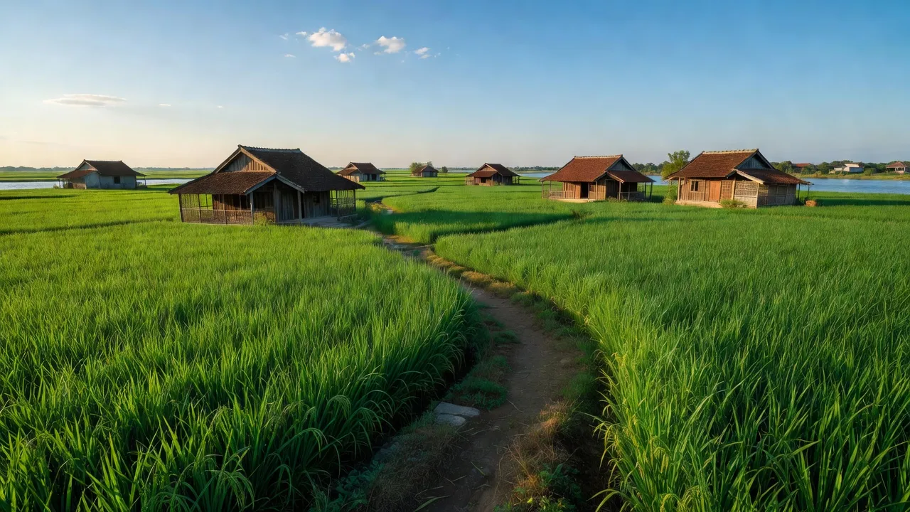 Cảnh đẹp Phường Thuận An, Quận Thốt Nốt, Thành phố Cần Thơ với cánh đồng xanh và nhà truyền thống.