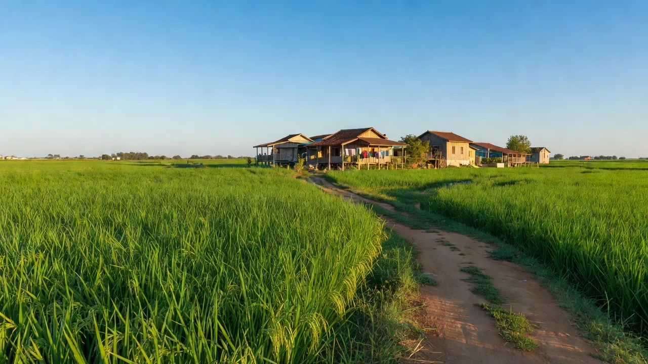 Cảnh quan Phường Thuận Hưng, Quận Thốt Nốt, Cần Thơ với cánh đồng xanh và bầu trời trong sáng.