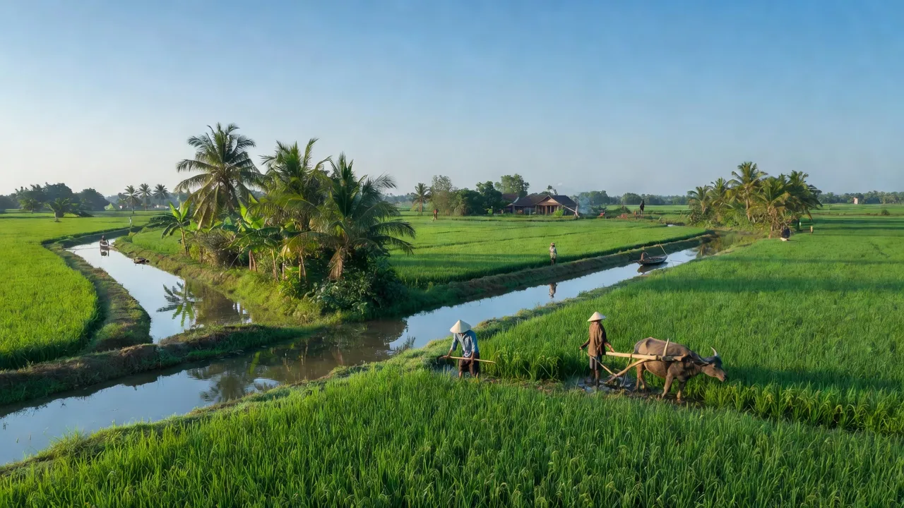 Huyện Thới Lai, Cần Thơ với cảnh đồng quê xanh tươi, người dân làm nông và bầu trời trong xanh.