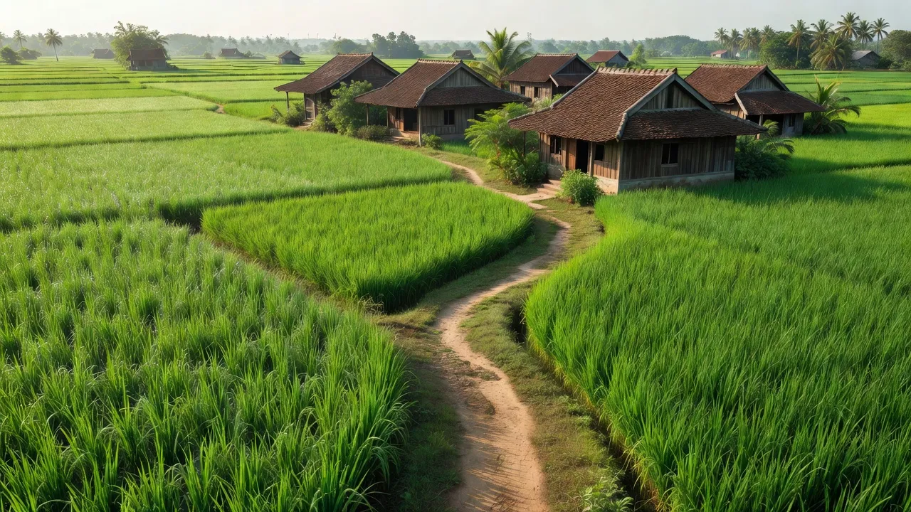 Cảnh sắc xanh tươi tại xã Định Môn, huyện Thới Lai, Cần Thơ với đồng ruộng và nhà truyền thống.