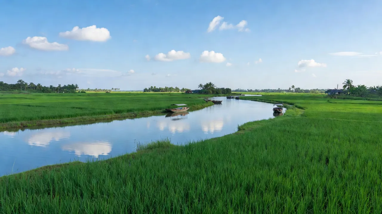 Cảnh đẹp xã Đông Bình, Thới Lai, Cần Thơ với ruộng lúa và dòng sông yên ả.