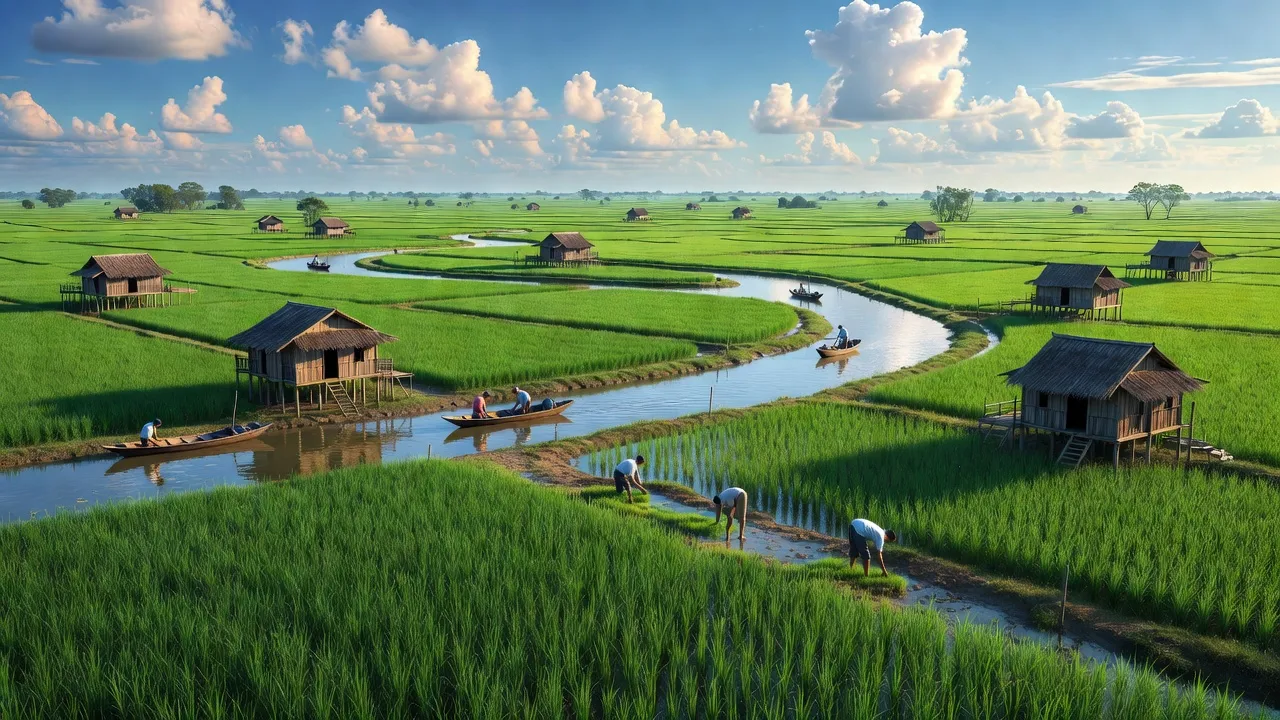 Khung cảnh yên bình xã Đông Bình, huyện Thới Lai, Cần Thơ với ruộng lúa xanh tươi và nhà truyền thống.