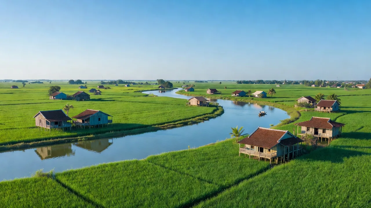 Cảnh đẹp xã Đông Thuận, huyện Thới Lai, Cần Thơ với đồng ruộng xanh tươi và bầu trời trong xanh.