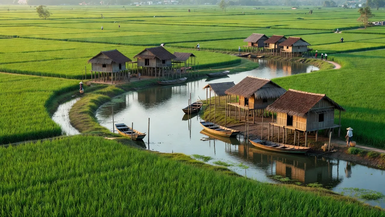 Khung cảnh xã Đông Thuận, huyện Thới Lai, Cần Thơ với cánh đồng xanh mướt và nhà truyền thống.