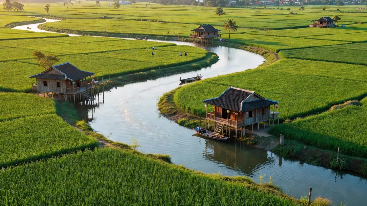 Cánh đồng xanh và dòng sông ở xã Tân Thạnh, huyện Thới Lai, Cần Thơ, Đồng bằng sông Cửu Long.