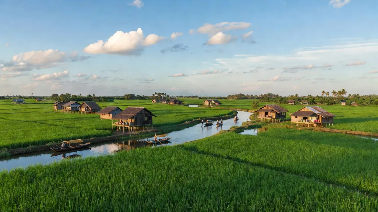 Cảnh quan xã Tân Thạnh, huyện Thới Lai, Cần Thơ với đồng xanh, sông nhỏ và nhà dân.