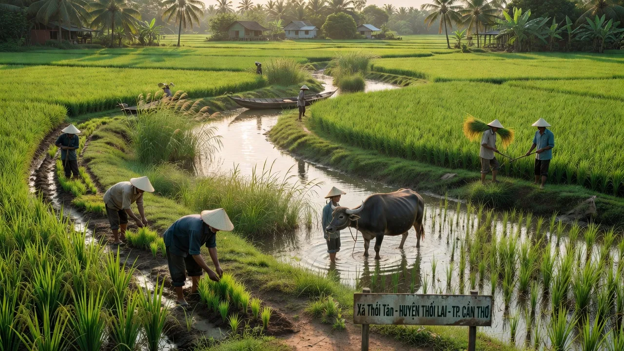 Cảnh sắc nông thôn xã Thới Tân, huyện Thới Lai, Cần Thơ với cánh đồng xanh và dòng sông nhỏ.