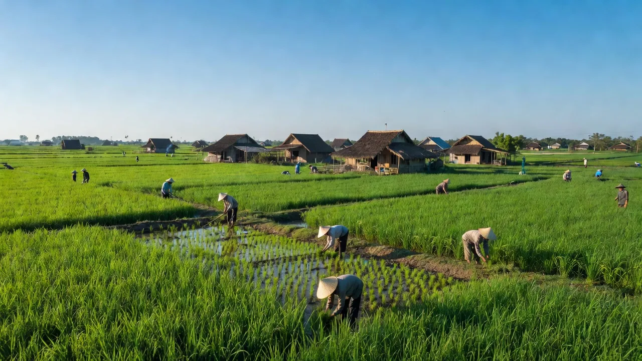 Khung cảnh xanh tươi của xã Thới Tân, huyện Thới Lai, thành phố Cần Thơ với cánh đồng và nhà truyền thống.