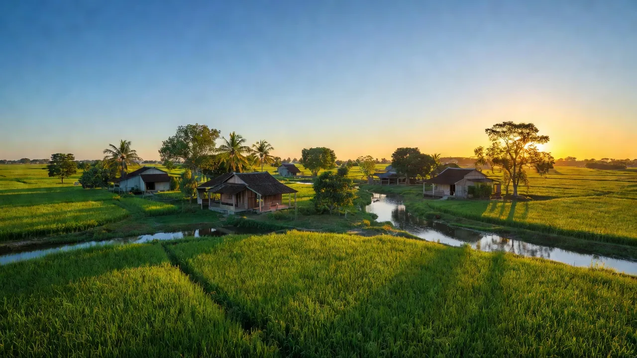 Cảnh đẹp xã Thới Thạnh, Huyện Thới Lai, Cần Thơ với cánh đồng lúa và sông nhỏ.