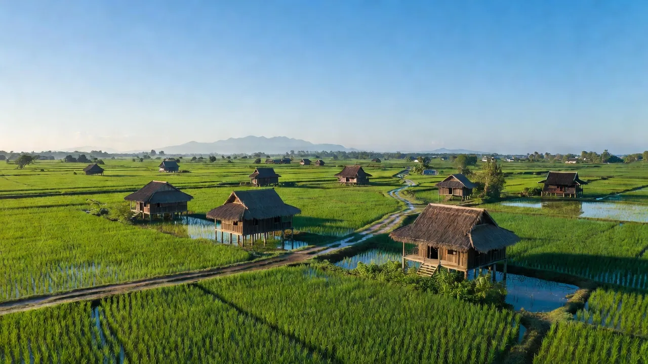 Cảnh quan yên bình ở Xã Thới Thạnh, huyện Thới Lai, thành phố Cần Thơ với cánh đồng xanh mướt.