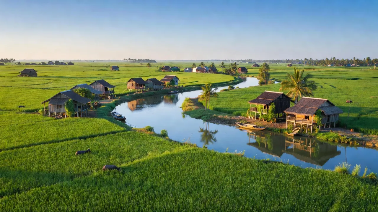 Cảnh đẹp xã Trường Xuân A, huyện Thới Lai, Cần Thơ với đồng xanh, sông và nhà truyền thống.