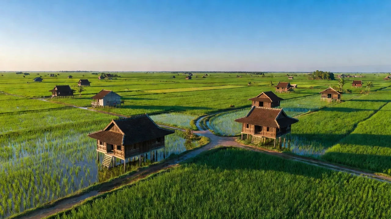 Cảnh quan xã Trường Xuân A, huyện Thới Lai, Cần Thơ với đồng lúa xanh tươi và nhà truyền thống.