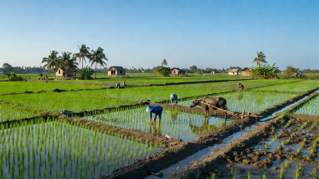 Cảnh sắc yên bình xã Trường Xuân B, huyện Thới Lai, thành phố Cần Thơ với cánh đồng xanh tươi.