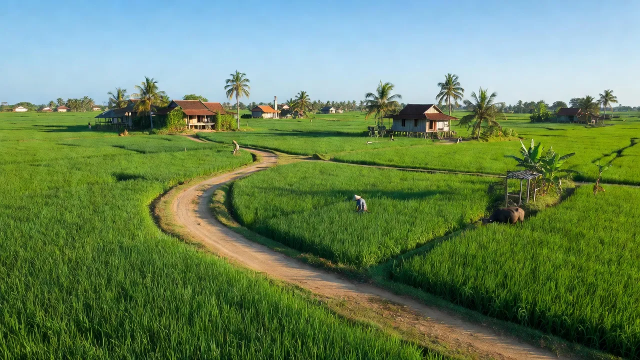 Cảnh đẹp xã Trường Xuân, huyện Thới Lai, Cần Thơ với đồng xanh và đường nông thôn, thể hiện cuộc sống nông nghiệp.