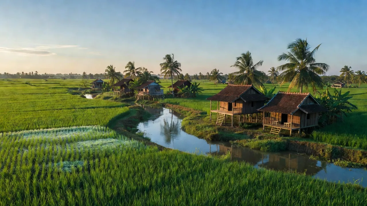 Cảnh đồng xanh ở xã Trường Xuân, Thới Lai, Cần Thơ với cây trồng và nhà truyền thống.
