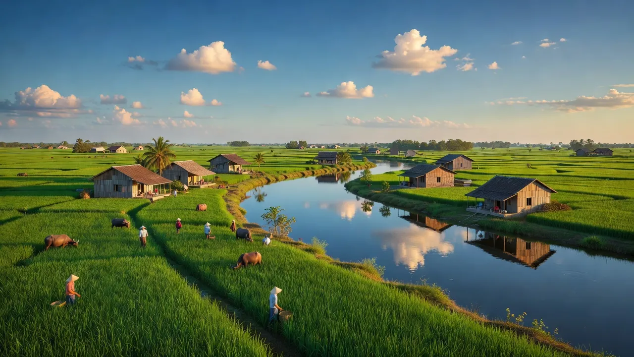 Khung cảnh huyện Vĩnh Thạnh, Cần Thơ với ruộng xanh và nhà truyền thống, thể hiện vẻ đẹp nông thôn.