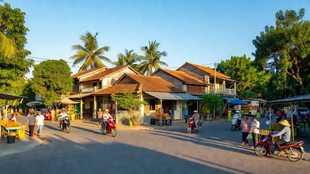 Khung cảnh thị trấn Thạnh An, Vĩnh Thạnh, Cần Thơ với nhà cửa và cây xanh rợp bóng mát.